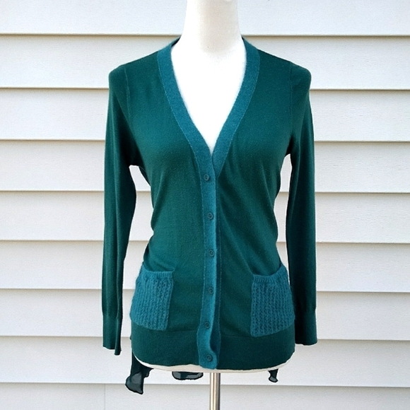 Anthropologie Sweaters - Knitted & Knotted Green V-Neck Sheer Back Tying Ruffle Cardigan Sz XS